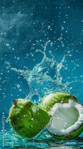 Coconut and water splash. captured with highspeed photography as they break through the waters surface. 