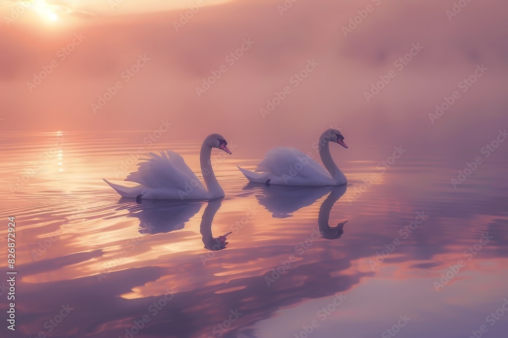 Fototapeta premium Swans gracefully gliding across a glassy lake