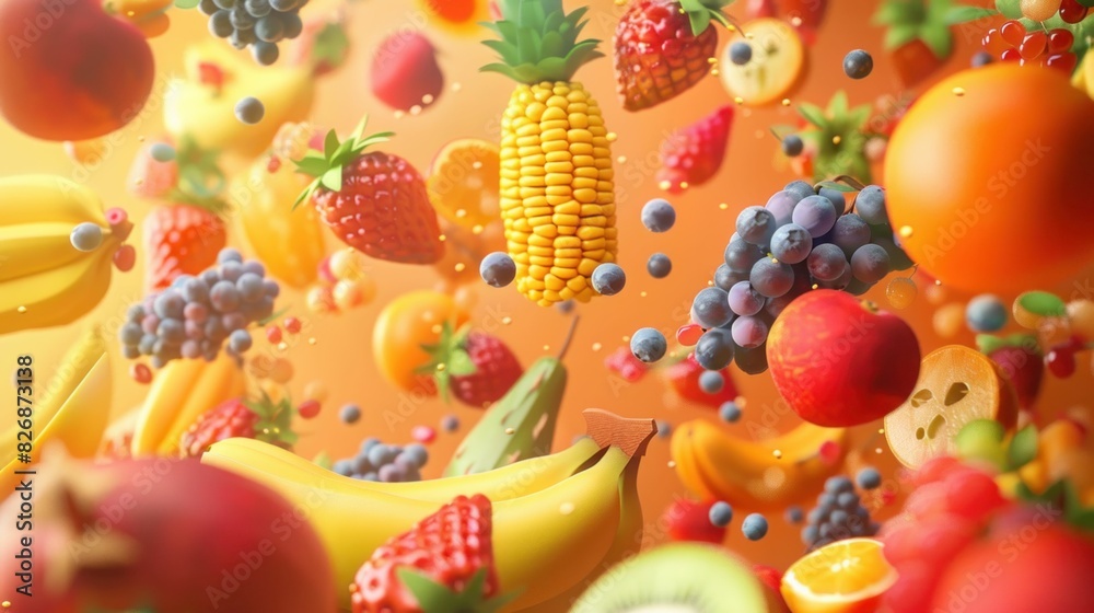 Fruit and vegetable medley floating in midair against vibrant orange background