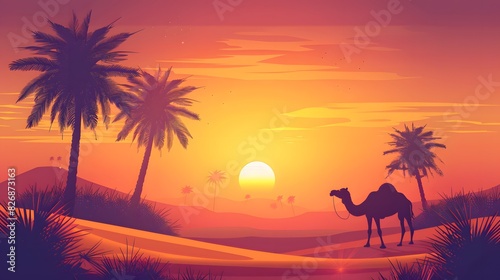 arabesque web horizontal banner  camel and palm tree silhouette  beautiful sunlight  sunset  sunrise  islamic background template illustration vector 