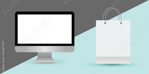 desktop monitor and shopping bag mockup