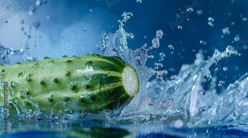 Cucumber and water splash. captured with highspeed photography as they break through the waters surface.