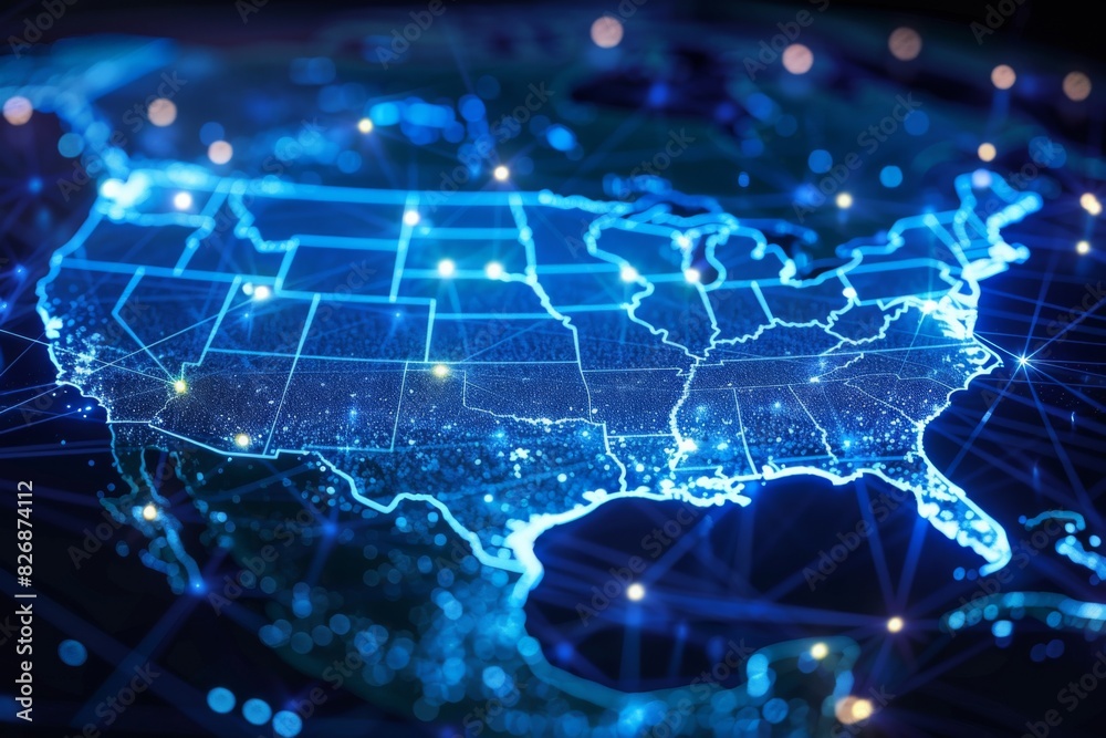 Fototapeta premium Digital map of america network connectivity created with generative ai