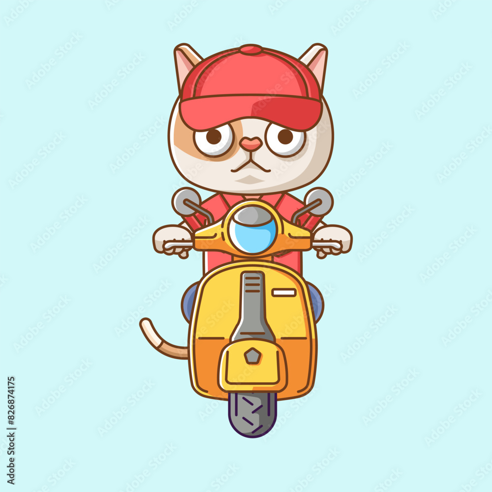 Cute cat riding scooter animal kawaii chibi character mascot illustration outline style design Cute cat riding scooter animal kawaii chibi character mascot illustration outline style design