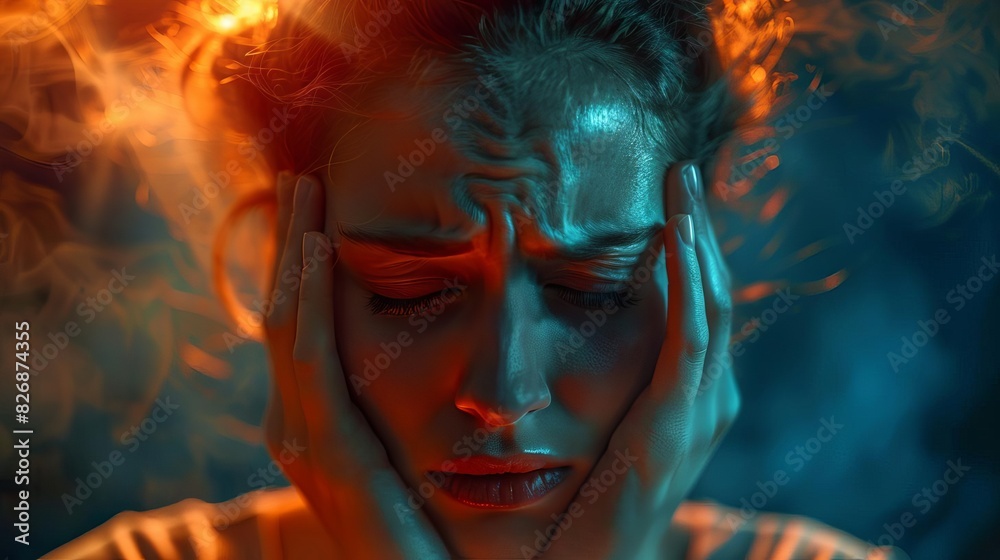 Headache stress in woman, dramatic pose, gripping head in agony, indoor setting, detailed expression, realistic details, highquality resolution, vivid colors, closeup shot Headache stress in woman, dramatic pose, gripping head in agony, indoor setting, detailed expression, realistic details, highquality resolution, vivid colors, closeup shot
