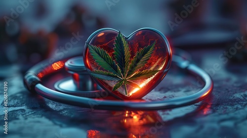 Heartshaped stethoscope enclosing a cannabis leaf photo