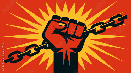 A sculpture of a clenched fist breaking through chains representing the power and freedom found in expressing anger.. Vector illustration