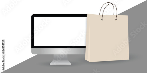 desktop monitor and shopping bag mockup