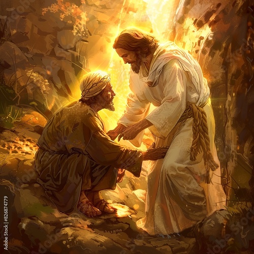 Illustrate a touching cartoon scene portraying Jesus tenderly embracing a leper with expressions of mutual respect and kindness. Using pastel colors and gentle lines, convey a sense of comfort 