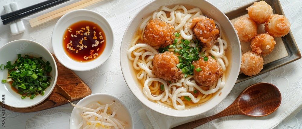 Delicious a bowl of udon noodles with thick soup and meats, green chives toping. Beside it is a plate of fried shrimp balls. Placed next to wooden chopsticks and a wooden spoon. Delicious a bowl of udon noodles with thick soup and meats, green chives toping. Beside it is a plate of fried shrimp balls. Placed next to wooden chopsticks and a wooden spoon.
