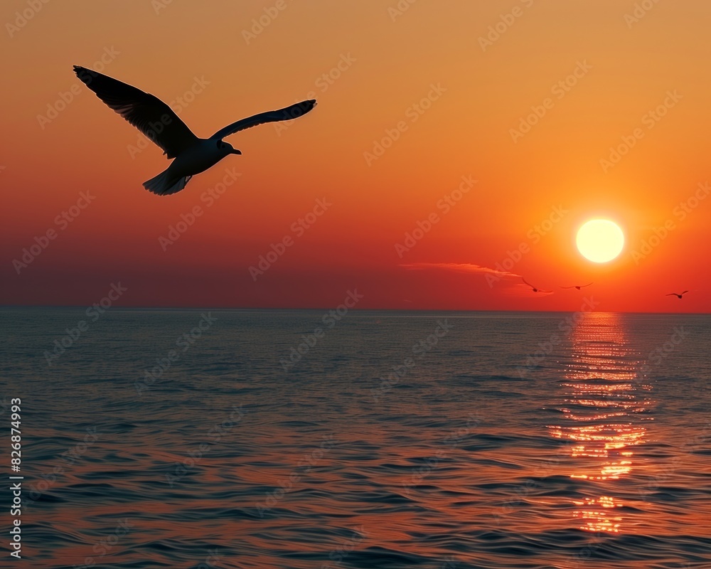 Fototapeta premium Tranquil Sunset Seascape with Flying Seagull Silhouette Against Vibrant Sky