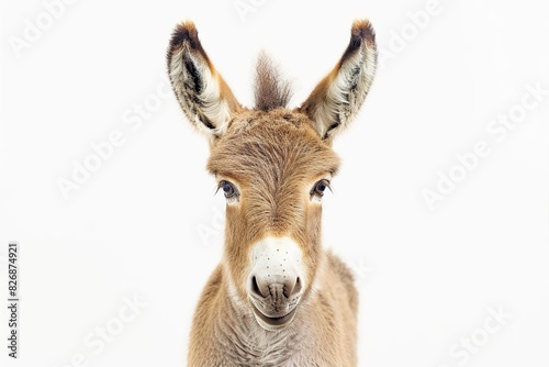 Close-up portrait of a charming baby donkey on a simple white background © Boraryn