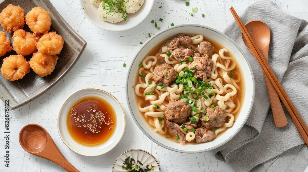 Delicious a bowl of udon noodles with thick soup and meats, green chives toping. Beside it is a plate of fried shrimp balls. Placed next to wooden chopsticks and a wooden spoon. Delicious a bowl of udon noodles with thick soup and meats, green chives toping. Beside it is a plate of fried shrimp balls. Placed next to wooden chopsticks and a wooden spoon.