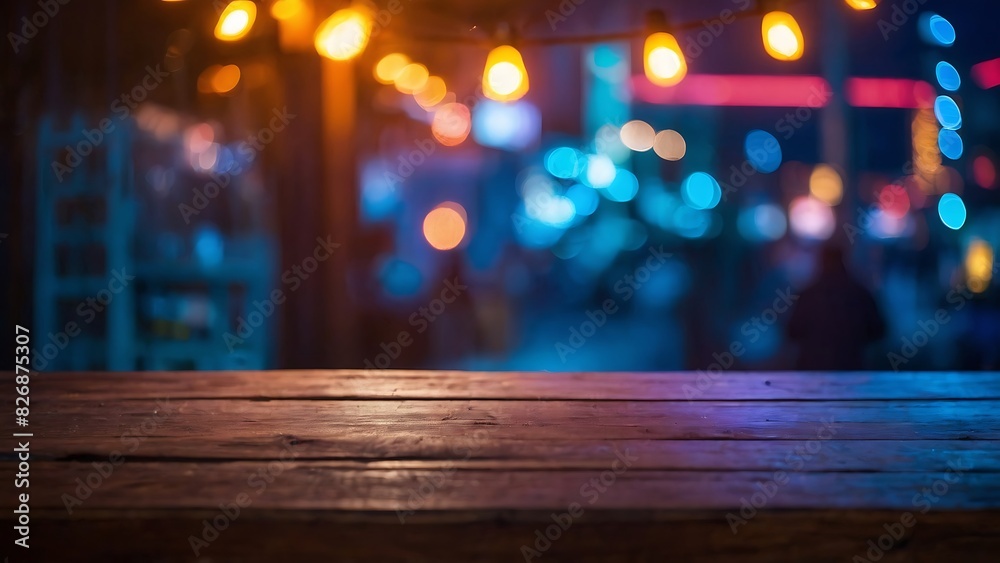 Empty wooden table with neon light bokeh background, night view, blurred bokeh lights background Empty wooden table with neon light bokeh background, night view, blurred bokeh lights background