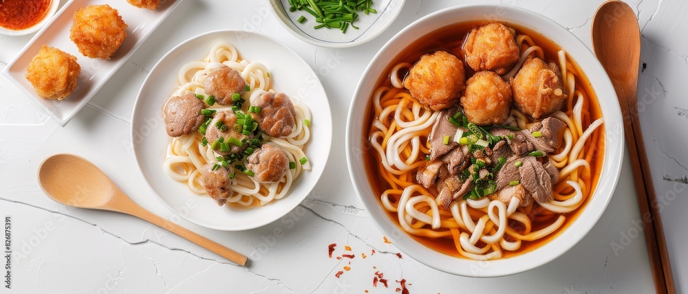 Delicious a bowl of udon noodles with thick soup and meats, green chives toping. Beside it is a plate of fried shrimp balls. Placed next to wooden chopsticks and a wooden spoon. Delicious a bowl of udon noodles with thick soup and meats, green chives toping. Beside it is a plate of fried shrimp balls. Placed next to wooden chopsticks and a wooden spoon.