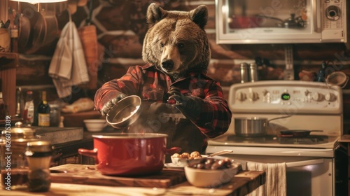 A bear wearing a flannel shirt is cooking in a kitchen. He is stirring a pot of soup and there are various ingredients on the counter. The bear is looking at the camera.