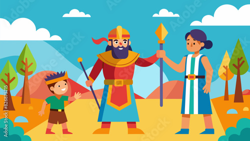Brightly painted scenes of David and Goliath and other heroic biblical figures grace the walls bringing the stories to life for young children.. Vector illustration