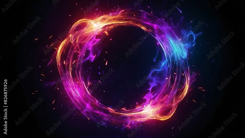Obraz premium Abstract neon energy sphere of particles and waves of magical glowing on a dark background, circle and loop frames with magic purple and pink flame and sparks isolated on transparent