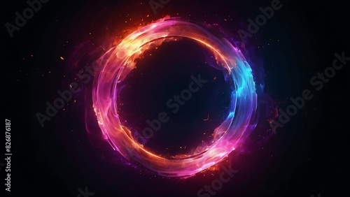 Abstract neon energy sphere of particles and waves of magical glowing on a dark background, circle and loop frames with magic purple and pink flame and sparks isolated on transparent