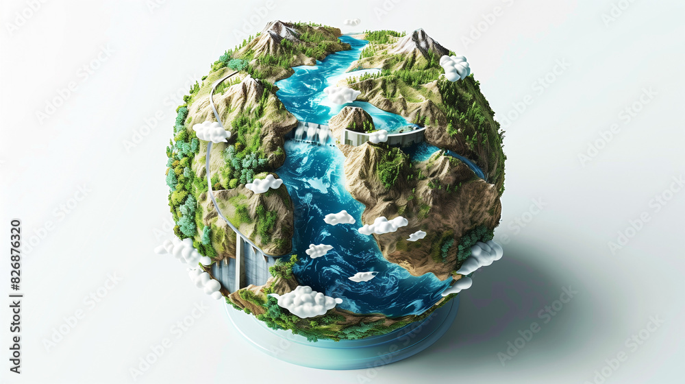 Fototapeta premium 3D earth logo vector with green trees, photovoltaic panels, and electric cars, in the style of Pieter Brueghel the Younger, C4D rendering style, miniatures, white background, earth showing diverse