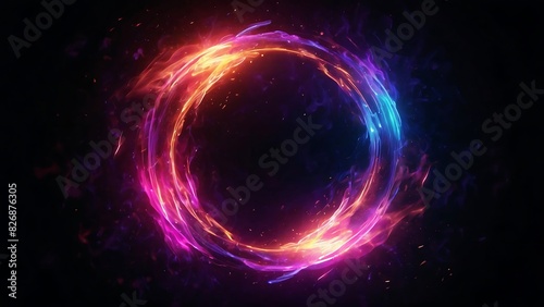 Abstract neon energy sphere of particles and waves of magical glowing on a dark background, circle and loop frames with magic purple and pink flame and sparks isolated on transparent