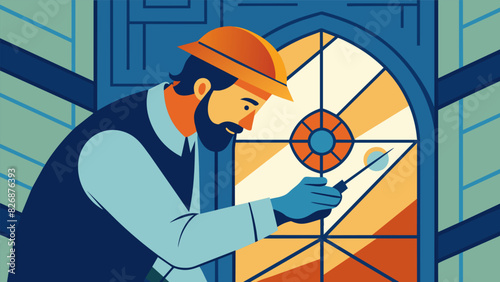 A closeup detail shot of a worker applying lead solder to the joints of the stained glass window adding strength and stability to the design.. Vector illustration