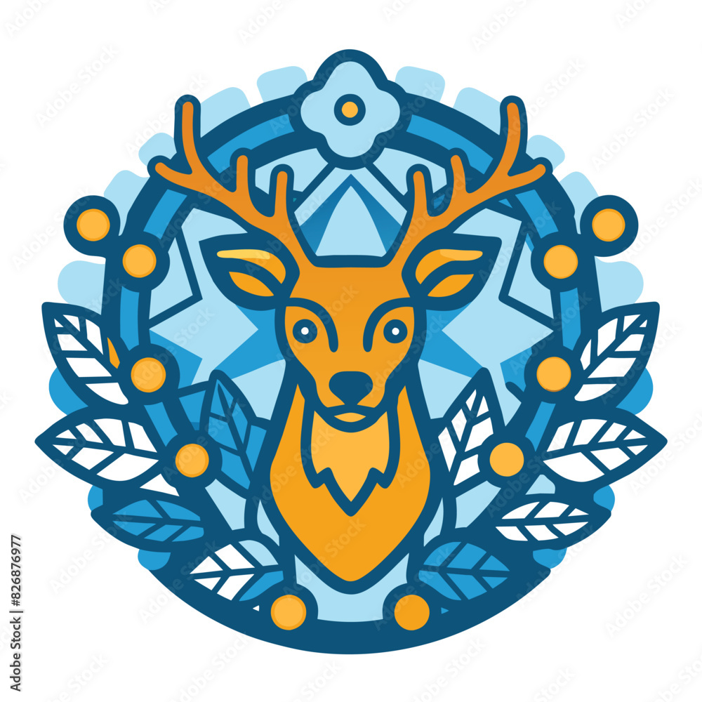 Fototapeta premium A stylized deer head with antlers inside a circular frame of blue and white leaves and stars