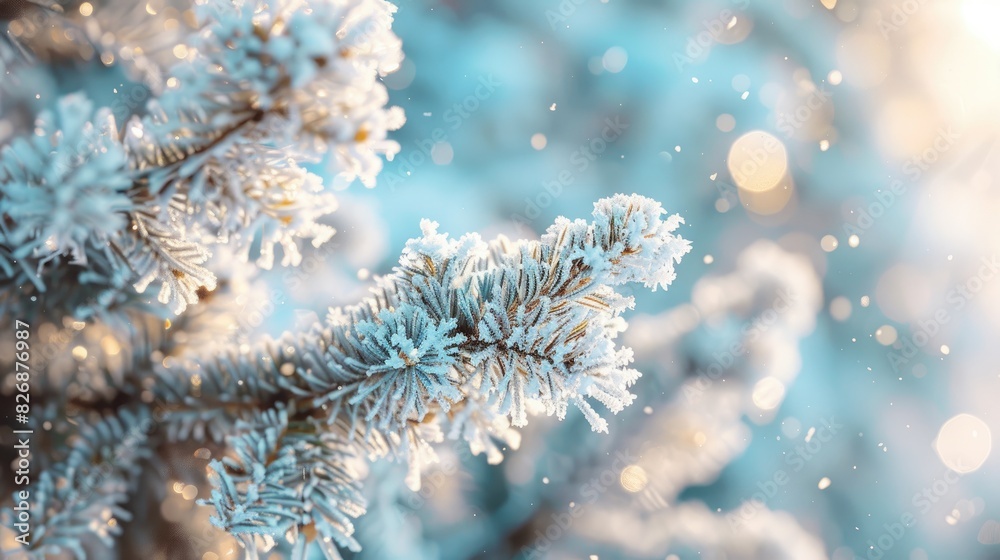 Hoarfrost covered Christmas tree branch up close Festive season in a natural setting Graphic assets with space for text High quality image