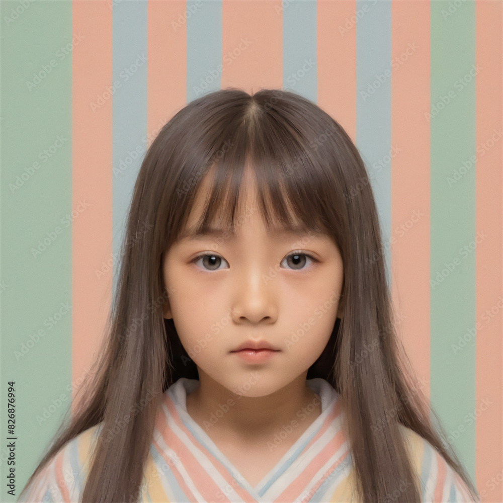 Japanese/Yamato female child portrait on simple striped background, front view, neutral expression. Japanese/Yamato female child portrait on simple striped background, front view, neutral expression.