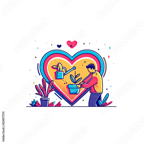 A Man Waters Plants With A Heart, Cartoon Illustration