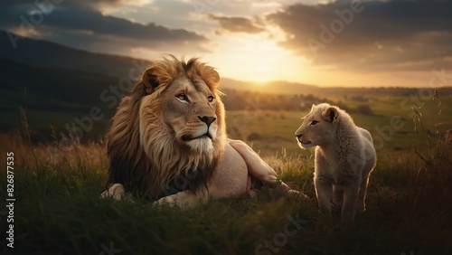 Jesus Christ: Lamb of Sacrifice, Lion of Triumph. The duality of Jesus. Lion and lamb in the meadow at sunset photo