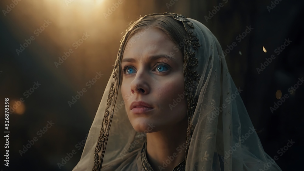 Naklejka premium Biblical character. Emotional close up portrait of a woman with blue eyes in a veil looking up, generate ai