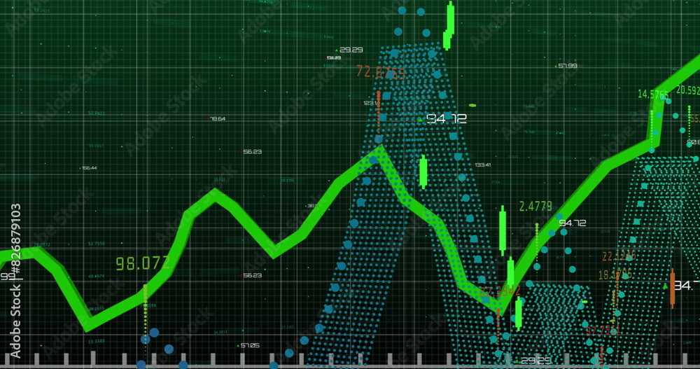 Image of line graph showing progress over graphs and changing numbers on grid pattern Image of line graph showing progress over graphs and changing numbers on grid pattern