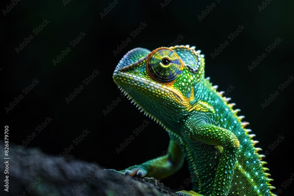 Colorful chameleon perched on tree branch against dark backdrop, blending into its surroundings in nature's beauty