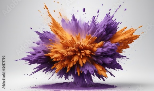 orange particle explosion freeze motion of purple dust splash on white background photo