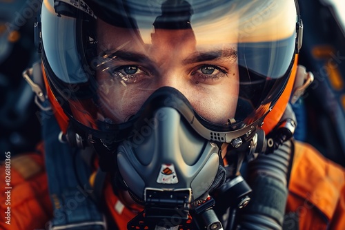 Close-up portrait of a focused search and rescue pilot in full flight suit photo