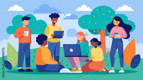 A group of friends gather in a park discussing the theme and guidelines for a digital art competition they plan to enter together.. Vector illustration