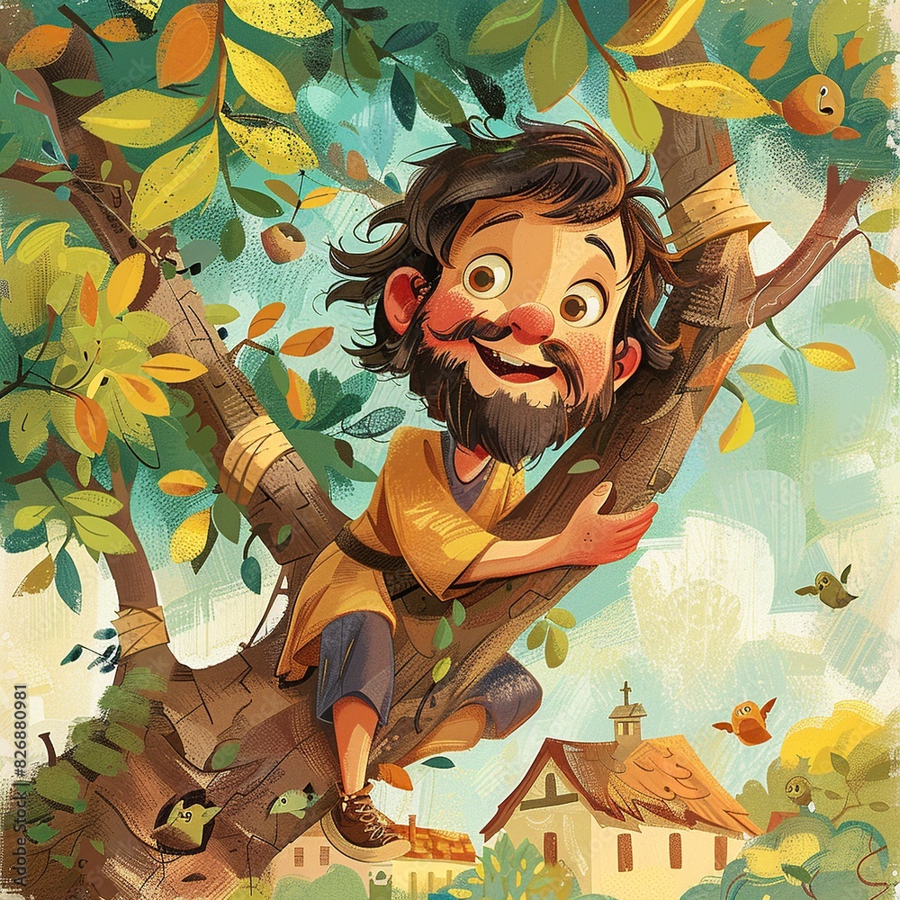 Explore the colorful cartoon scene of Zacchaeus high up in a tree ...