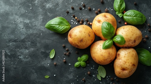 Fresh potatoes on the black backgrounds top view. Organic Potato. Food concept. Fresh concept. Potato concept. Organic concept.