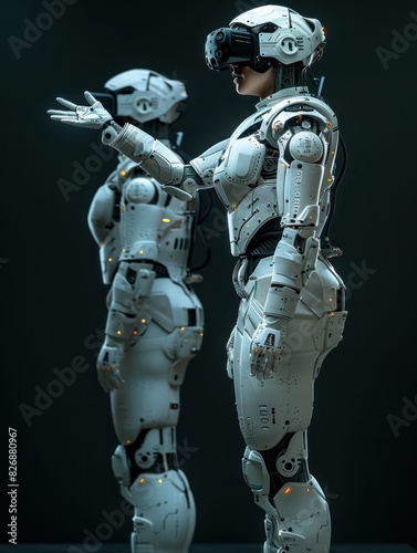 Futuristic Robots Meeting Face to Face in Modern White Suits for a Business Collaboration Assignment