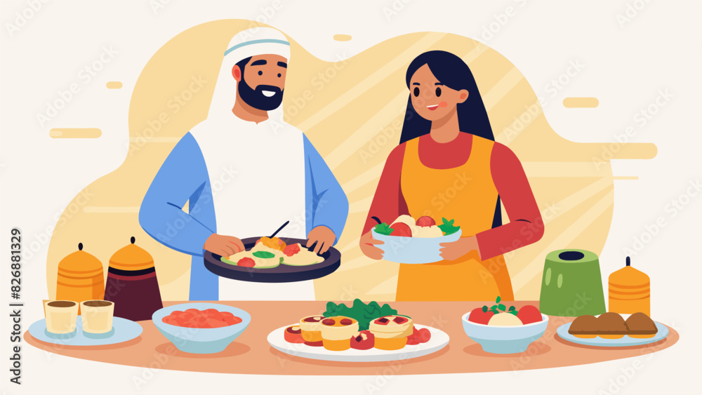 A young couple trying to find room on their plates for all the tempting dishes at the massive Middle Eastern buffet.. Vector illustration A young couple trying to find room on their plates for all the tempting dishes at the massive Middle Eastern buffet.. Vector illustration