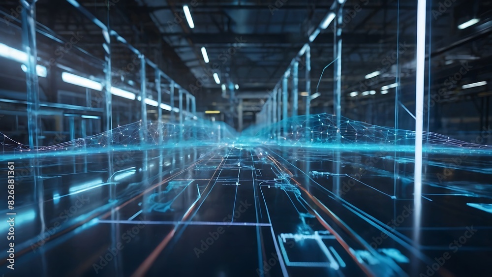 A holographic projection of a supply chain network diagram in a logistics center, business, dynamic and dramatic compositions, generate ai A holographic projection of a supply chain network diagram in a logistics center, business, dynamic and dramatic compositions, generate ai