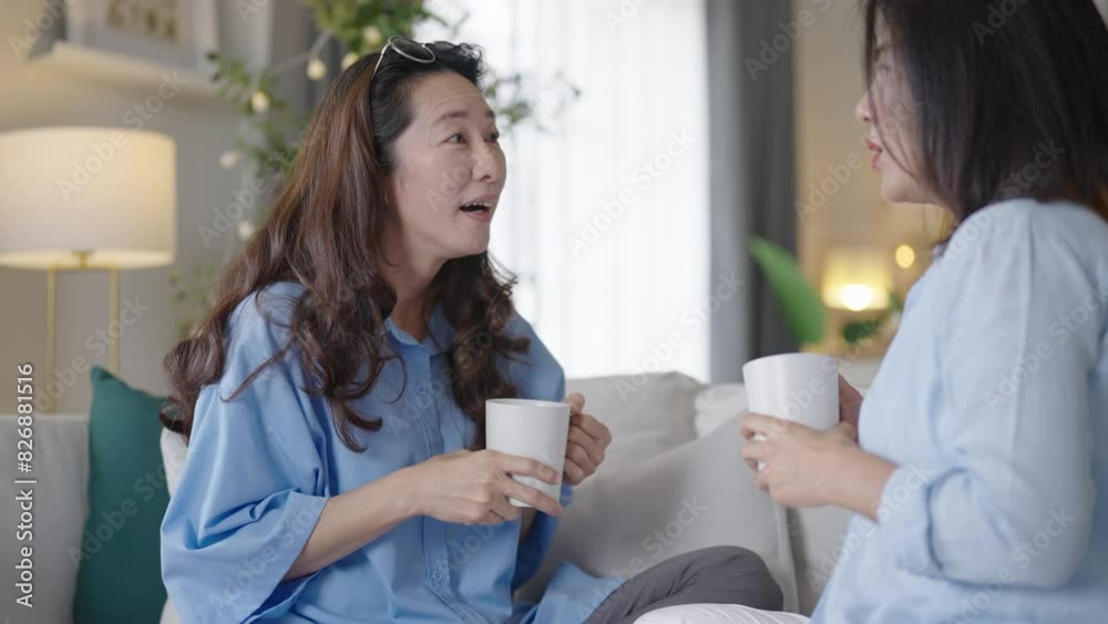 Asian middle aged woman chatting while drinking coffee and tea. friendship concept Asian middle aged woman chatting while drinking coffee and tea. friendship concept