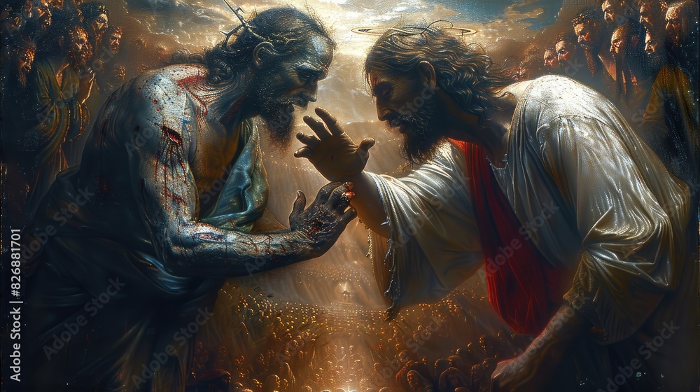 The dimension of spiritual struggle: battle between God and the devil, heaven and hell, Jesus Christ and Lucifer, dialectic of good and evil, light and darkness, inner struggle of the human spirit.