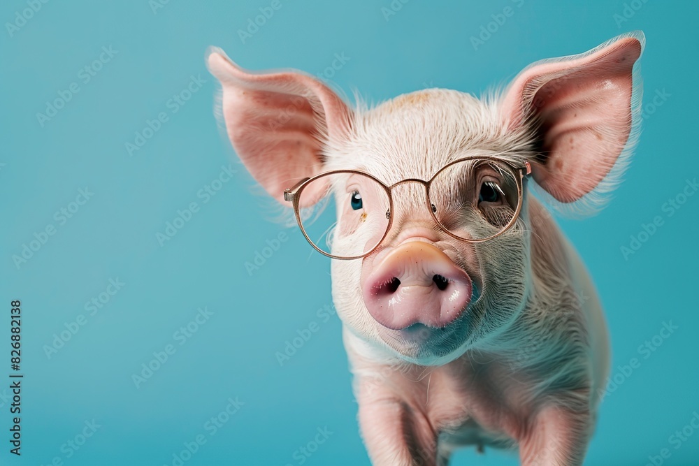 Closeup portrait of cute smiling little pig with glasses, isolated on bright blue background