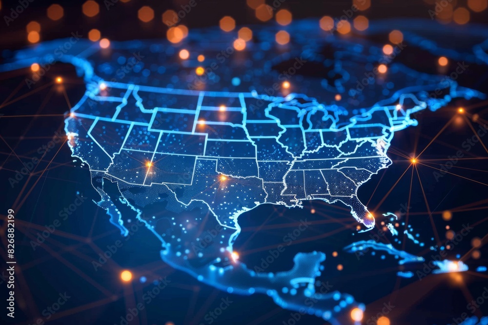 Digital map of america network connectivity created with generative ai Digital map of america network connectivity created with generative ai