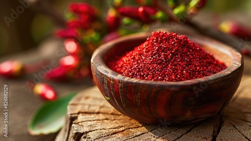 Powdered red seeds from the Bixa orellana plant photo