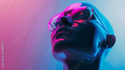 Create a 3D rendering of a mannequin head. The mannequin should be wearing sunglasses. The background gradient of blue and pink. The lighting soft and even.