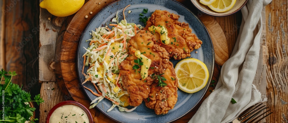 Delicious a plate of fried chicken cutlets with coleslaw and a lemon slice, on the side is mustard sauce in a small bowl. Delicious a plate of fried chicken cutlets with coleslaw and a lemon slice, on the side is mustard sauce in a small bowl.