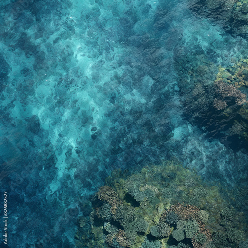 Overhead shot  A coral reef with clear blue water